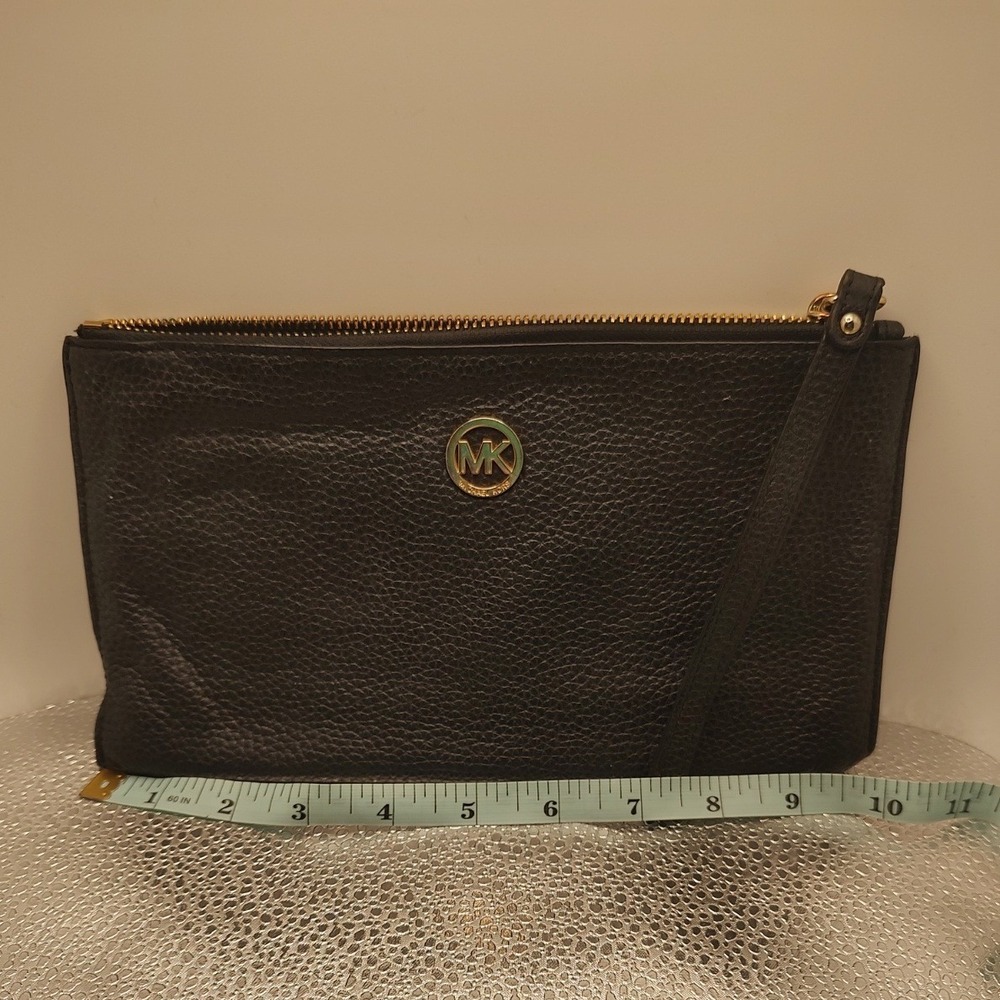 Michael Kors Black Pebble Leather Double Zip Wristlet Clutch Gold‎ MK Logo